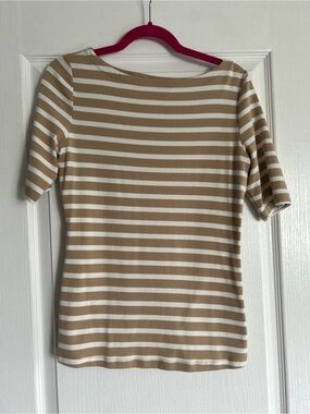 Ellen Tracy Cream and Beige Striped Boatneck Short Sleeve Top